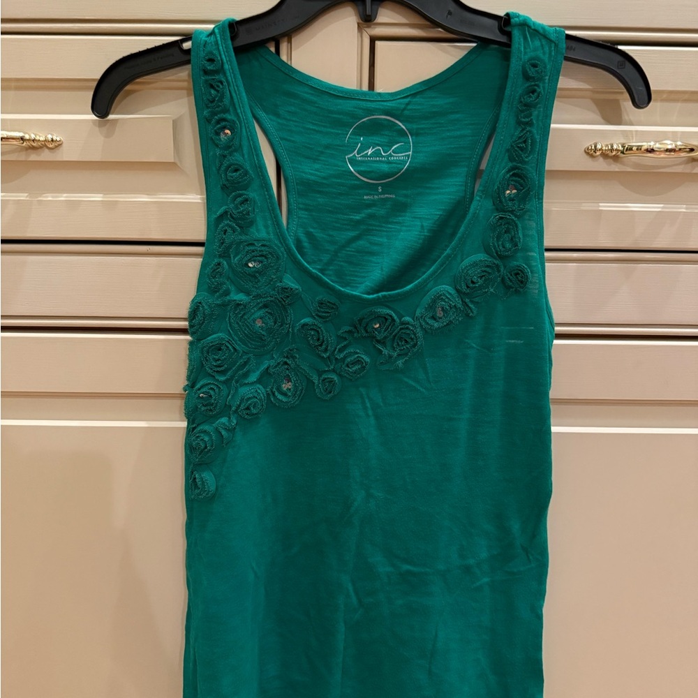 INC International Concepts Teal Tank Top with Floral Accents